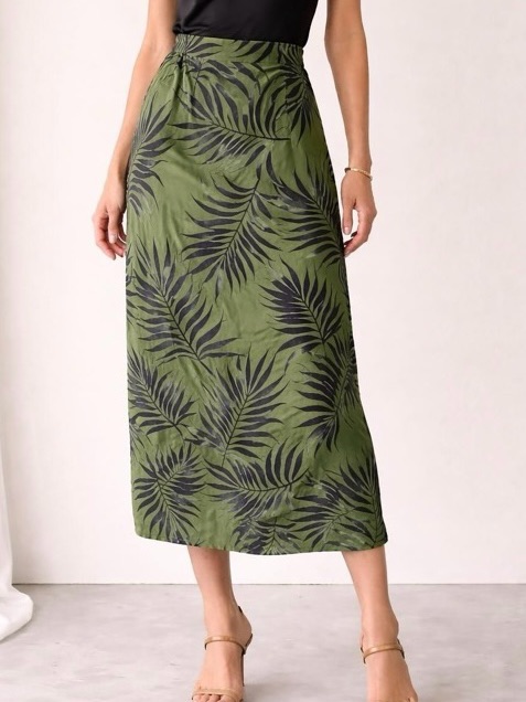 Shein Olive Green Midi Skirt With Black Tropical Leaf Print (6)